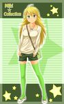  bag between_breasts blonde_hair breasts green_eyes hoshii_miki idolmaster idolmaster_(classic) large_breasts long_hair nishi_(count2.4) shorts solo strap_cleavage thighhighs 