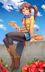  aoi_sora_(pairan) book boots brown_eyes brown_hair day denim denim_skirt face flower full_body glasses hands highres legs long_sleeves looking_at_viewer open_mouth original outdoors pairan pantyhose petals round_teeth sitting skirt smile solo teeth twintails 