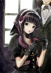  1girl black_hair brown_hair flower formal frills gloves gothic_lolita hairband highres kazumiya_akira lolita_fashion long_hair original purple_eyes suit 