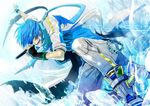  blue_eyes blue_hair blue_scarf casual chain fingerless_gloves gloves grin hair_over_one_eye ice kaito komaki_(gigu) male_focus microphone scarf smile solo vocaloid 