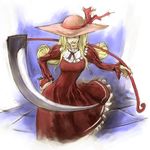  blonde_hair blue_background cervus dress elly hat holding holding_scythe lowres one-eyed red_dress scythe smile solo touhou touhou_(pc-98) weapon 