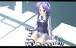  digital_media_player headphones kiryuu_masumi necktie original purple_hair skirt solo striped striped_legwear thighhighs 