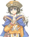 :&lt; androgynous annie_eilenberg atelier_(series) atelier_annie bangs belt belt_pouch black_hair blue_eyes cape earrings fantasy flat_chest frown hair_between_eyes hat jewelry loincloth lowres official_art orange_hat pointing pouch short_hair sidelocks simple_background solo strap tomboy upper_body watanuki_nao white_background 