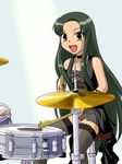  choker cymbals drum drum_set fang green_hair instrument long_hair solo supon suzumiya_haruhi_no_yuuutsu thighhighs tsuruya very_long_hair yellow_eyes 