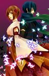  1girl asami_yoruko back-to-back brown_eyes brown_hair flower hair_ribbon holding_hands japanese_clothes kaito meiko ribbon scarf short_hair tsugai_kogarashi_(vocaloid) vocaloid 