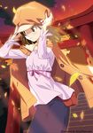  autumn bakemonogatari brown_eyes brown_hair cabbie_hat hat jacket jacket_on_shoulders leaf monogatari_(series) official_art open_clothes open_jacket sengoku_nadeko solo watanabe_akio 