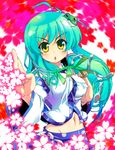  :&lt;&gt; alternate_hairstyle breasts cherry_blossoms covered_nipples detached_sleeves fighting_stance frog green_hair groin hair_ornament highres kochiya_sanae long_hair medium_breasts midriff navel snake solo sw touhou yellow_eyes 