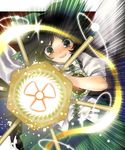  aiming_at_viewer arm_cannon black_hair black_wings blush green_eyes hair_ribbon katahira_masashi radiation_symbol radioactive reiuji_utsuho ribbon skirt third_eye touhou weapon wings 