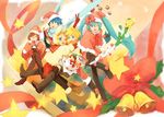  3girls alcohol aqua_hair bell blonde_hair blue_eyes blue_hair blue_scarf boots bottle brown_hair cake christmas detached_sleeves food hat hatsune_miku kagamine_len kagamine_rin kaito meiko mitosa multiple_boys multiple_girls necktie one_eye_closed pastry santa_costume scarf short_hair shorts smile thighhighs twintails vocaloid wine 