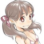  1girl bikini bow brown_hair character_request copyright_request face grin hair_bow poporon red_eyes smile solo star swimsuit twintails 