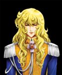  70s blonde_hair closed_eyes curly_hair epaulettes long_hair oldschool oscar_francois_de_jarjayes renew reverse_trap simple_background solo uniform versailles_no_bara 