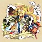  1girl alice_(wonderland) alice_in_wonderland blonde_hair card cheshire_cat gun long_hair red_eyes tenryou_sena weapon white_rabbit 