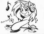  absurd_res black_and_white equine eyewear female friendship_is_magic glasses headphones hi_res horn latecustomer mammal monochrome musical_note my_little_pony plain_background record record_player solo sunglasses turntable unicorn vinyl_scratch_(mlp) white_background 