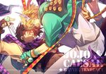  blonde_hair blue_eyes bola_(weapon) brown_hair caesar_anthonio_zeppeli facial_mark fingerless_gloves gloves green_jacket head_feathers headband highres jacket jojo_no_kimyou_na_bouken joseph_joestar_(young) kariya_(mizore) midriff multiple_boys one_eye_closed ribbon scarf 