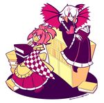  abstract_cactus apron bad_id bad_pixiv_id book bookshelf head_wings japanese_clothes looking_at_another motoori_kosuzu multicolored_hair multiple_girls open_book red_eyes red_hair red_wings single_head_wing sitting smile tokiko_(touhou) touhou twintails two-tone_hair two_side_up wide_sleeves wings 
