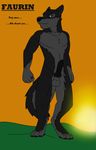  anthro black_fur black_nose black_penis blue_eyes canine canine_penis claws digitigrade english_text faurin fur grey_fur grin knot looking_at_viewer male mammal nanixon orange_sky penis scottish_accent simple_background solo text two_tones wolf 