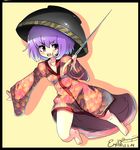  :o barefoot black_border border bowl bowl_hat character_name dated hat holding_needle japanese_clothes kimono magicalchan needle oversized_object purple_hair shadow short_hair sukuna_shinmyoumaru touhou v-shaped_eyebrows 