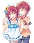  1girl ^_^ bow brother_and_sister child closed_eyes dress flower free! grin hair_bow hair_flower hair_ornament hirai_yuzuki matsuoka_gou matsuoka_rin open_mouth shorts_under_dress siblings smile sunflower v younger 