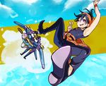  aerosmith_(stand) aircraft airplane bad_id bad_pixiv_id belt black_hair choker chorimokki headband jojo_no_kimyou_na_bouken narancia_ghirga open_mouth outstretched_arms outstretched_leg purple_eyes smile stand_(jojo) v 