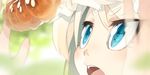  akitsu_taira blonde_hair blue_eyes blurry close-up dango depth_of_field eye_reflection face food highres izumi_luna_(akitsu_taira) mitarashi_dango open_mouth original reflection solo wagashi white_hair 