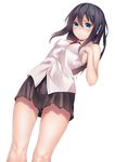  bare_arms black_hair blue_eyes blush breasts dutch_angle hands_on_own_chest knees legs long_hair looking_at_viewer medium_breasts original pleated_skirt ray-akila ray_littlechamber sideboob simple_background skirt sleeveless solo standing 