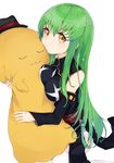  blush breast_press breasts c.c. cheese-kun code_geass detached_sleeves green_hair highres kou_mashiro large_breasts long_hair looking_at_viewer pout simple_background solo thighhighs white_background white_legwear yellow_eyes 