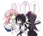  &gt;_&lt; akemi_homura akuma_homura black_gloves black_hair black_wings bow closed_eyes d: dress dual_persona elbow_gloves eye_contact feathered_wings gloves hair_bow hair_ribbon hairband human_tug_of_war kaname_madoka long_hair looking_at_another magical_girl mahou_shoujo_madoka_magica mahou_shoujo_madoka_magica_movie multiple_girls multiple_persona open_mouth pantyhose pink_hair purple_eyes ribbon simple_background space spoilers star_(sky) tatsuyoshi_(zawahomura) thighhighs translation_request two_side_up ultimate_madoka white_background wings yellow_eyes zettai_ryouiki 