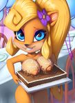  areola bandicoot big_breasts big_eyes big_head biting_lip black_nose blonde_hair blue_eyes breasts cake chocolate cleavage clothed clothing coco_bandicoot female food food_play front fur hair holding long_hair looking_at_viewer mammal marsupial nipples nude pink_lips puffy_areola puffy_nipples pussy seductive smile solo standing table thefuckingdevil tray yellow_fur 