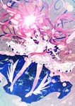  bow center_opening dress gloves hair_bow hair_ribbon honda_tamanosuke kaname_madoka long_hair mahou_shoujo_madoka_magica pink_hair ribbon shoes solo spoilers thighhighs two_side_up ultimate_madoka winged_shoes wings yellow_eyes 