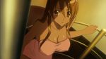  1girl animated animated_gif bouncing_breasts breasts brown_hair highschool_of_the_dead large_breasts long_hair miyamoto_rei red_eyes solo standing sweat 