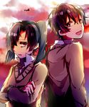  1girl ankea_(a-ramo-do) back-to-back bad_id bad_pixiv_id black_eyes black_hair crossed_arms enomoto_takane highres kagerou_project kokonose_haruka open_mouth purple_eyes school_uniform short_hair sky smile sunset sweater twintails 