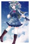  adapted_costume backpack bag blue_dress blue_gloves boots bow dress gloves hair_bow hat jewelry jewelry_removed kawashiro_nitori key looking_at_viewer miyakure necklace necklace_removed open_mouth sleeves_folded_up smile solo touhou two_side_up vest 