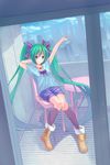  absurdres arm_up boots chair cityscape dutch_angle full_body green_eyes green_hair hair_ribbon hatsune_miku heart highres jewelry kneehighs long_hair necklace ribbon shorts sitting solo twintails very_long_hair vocaloid youxuemingdie 