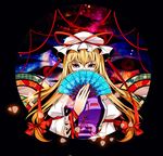  armband black_background blonde_hair bow breasts covering_mouth dress eyeball eyelashes fan folding_fan hair_bow hat hat_ribbon juliet_sleeves large_breasts long_hair long_sleeves looking_at_viewer mob_cap nebula petals puffy_sleeves purple_eyes ribbon sky solo star_(sky) starry_sky tabard touhou trigram wrist_ribbon yakumo_yukari yaoshi_jun 