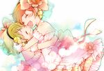  :d ^_^ bow brown_hair closed_eyes dress earrings flower gloves hair_bow hair_flower hair_ornament headband honami_yuu hoshizora_rin hug jewelry koizumi_hanayo love_live! love_live!_school_idol_project love_wing_bell matching_outfit multiple_girls open_mouth orange_hair pom_pom_(clothes) ribbon sash short_hair smile tears yuri 