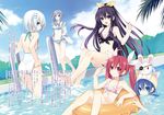  adjusting_clothes adjusting_swimsuit ass barefoot between_breasts bikini blue_eyes blue_hair blue_swimsuit breasts candy cleavage cloud date_a_live day food grey_hair hair_ornament hairclip highres innertube itsuka_kotori jacket lollipop long_legs medium_breasts multiple_girls murasame_reine object_on_head official_art one-piece_swimsuit open_clothes open_jacket outdoors partially_submerged pool pool_ladder poolside purple_bikini purple_eyes purple_hair red_bikini red_eyes red_hair sky small_breasts splashing stuffed_animal stuffed_toy swimsuit teddy_bear tobiichi_origami tsunako twintails water white_swimsuit yatogami_tooka yoshino_(date_a_live) yoshinon 
