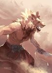  abstract_background belt centradragon dust fangs feline lion male mammal open_mouth solo topless weapon 