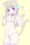  :3 :d animal_ears bikini blush bow breasts cat_ears cat_tail cleavage collar fang hair_bow heart jpeg_artifacts long_hair micro_bikini navel open_mouth original paw_pose piyodera_mucha purple_eyes small_breasts smile solo swimsuit tail thighhighs 