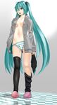  ahoge aqua_hair bad_id bad_pixiv_id black_legwear blue_panties breasts checkered checkered_floor collarbone full_body gradient gradient_background green_eyes grey_background hatsune_miku highres holding holding_clothes hood hoodie jacket long_hair loose_thighhigh medium_breasts naked_hoodie navel nipple_slip nipples no_bra no_pants one_eye_closed open_clothes open_hoodie open_jacket open_mouth panties shiny shiny_skin skindentation sleeves_past_wrists slippers solo standing striped striped_panties sui81 thighhighs twintails underwear very_long_hair vocaloid yawning 