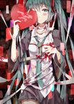  absurdres bad_id bad_pixiv_id bandages blood blush green_eyes green_hair hatsune_miku heart highres long_hair looking_at_viewer nadinehuifu nail_polish necktie skirt solo streamers streaming_heart_(vocaloid) twintails very_long_hair vocaloid 