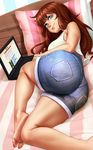  4chan ass barefoot bed blue_eyes breasts brown_hair computer denim denim_shorts dutch_angle feet freckles kairuhentai laptop large_breasts long_hair on_bed original pillow plantar_flexion shorts smile soles solo tank_top toes 
