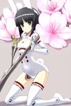  animal_ears asuka_(busou_shinki) bangs black_hair blunt_bangs bob_cut boots breasts bunny_ears bunny_tail busou_shinki cherry_blossoms cleavage_cutout doll_joints flower from_side full_body gloves grey_background grey_eyes hips holding kneeling leotard light_smile looking_at_viewer minigirl parted_bangs ribbon-trimmed_legwear ribbon_trim shadow simple_background small_breasts smile solo tail thigh_boots thighhighs tora_(huuunnji) white_footwear white_legwear 