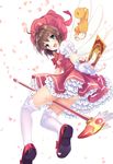  :d aqua_eyes between_fingers brown_hair cardcaptor_sakura clow_card dress flying fuuin_no_tsue gloves hat kamon_(shinshin) kero kinomoto_sakura looking_at_viewer looking_back open_mouth petals petticoat pink_hat puffy_short_sleeves puffy_sleeves red_dress red_footwear ribbon-trimmed_gloves ribbon_trim shoes short_hair short_sleeves smile thighhighs wand white_gloves white_legwear wings zettai_ryouiki 