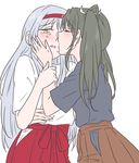  arm_around_back bad_id bad_pixiv_id brown_eyes cheek_kiss closed_eyes crying grey_hair hair_ribbon hairband hand_on_another's_cheek hand_on_another's_face kantai_collection kiss long_hair multiple_girls nontraditional_miko pleated_skirt ribbon shoukaku_(kantai_collection) skirt twintails udon_(shiratama) white_background white_hair yuri zuikaku_(kantai_collection) 