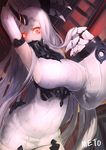  :o arm_up breasts claws detached_sleeves dress glowing glowing_eyes horn kantai_collection large_breasts long_hair meto31 pale_skin red_eyes ribbed_dress seaport_hime shinkaisei-kan short_dress sideboob signature white_hair 
