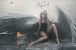  animal barefoot cat dress gray_hair halo long_hair original pointed_ears rain signed water wet wings wlop 