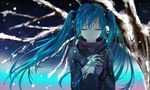  aqua_hair closed_eyes coat facing_viewer hair_bobbles hair_ornament hands_on_own_chest hatsune_miku holding long_hair long_sleeves mariwai_(marireroy) parted_lips snow solo tree twintails upper_body very_long_hair vocaloid winter 