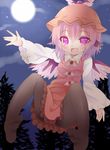 bird_wings blush brown_legwear cloud dress fang flying full_moon glint hat jewelry kokorominton long_sleeves looking_at_viewer moon mystia_lorelei night no_shoes open_mouth outdoors outstretched_arm pantyhose pink_eyes pink_hair short_hair single_earring sky solo star_(sky) starry_sky touhou tree wings 
