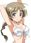  arm_behind_head arm_up armpits bikini_top blue_eyes blush braid breasts brown_hair cleavage front-tie_top large_breasts long_hair lynette_bishop shiny shiny_skin simple_background single_braid smile solo strap_gap strike_witches tokiani white_background world_witches_series 