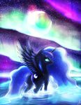  bedroom_eyes blue_fur blue_hair cutie_mark equine feathers female friendship_is_magic fshydale fur hair hooves horn long_hair looking_at_viewer looking_back mammal moon my_little_pony presenting princess_luna_(mlp) raised_tail sky smile solo stars teal_eyes water winged_unicorn wings 